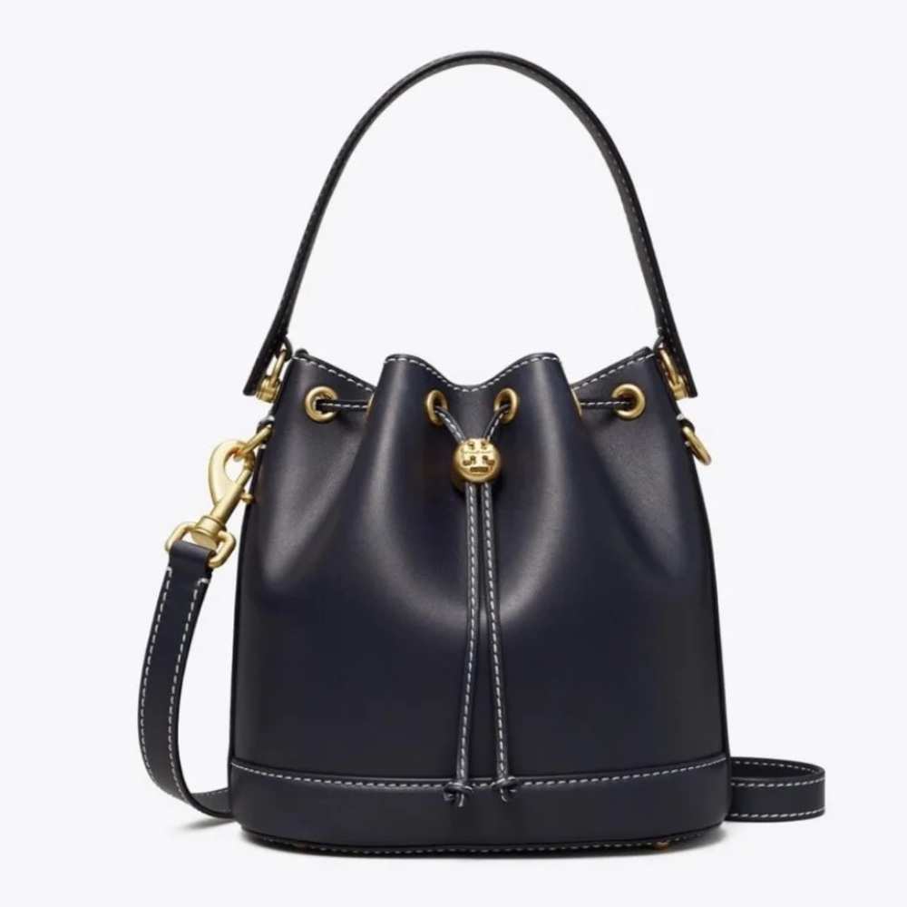 Tory Burch T Monogram Leather Bucket Bag / Midnight - Picture 1 of 8